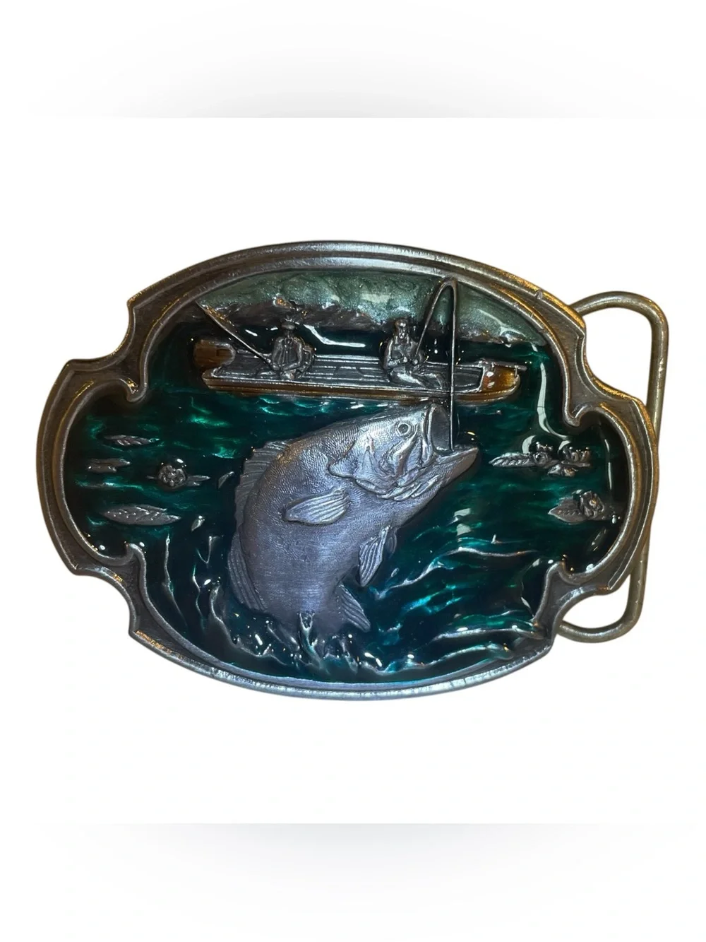 Vtg Siskiyou Bass Fishing Belt Buckle by William Oregon Pewter w/3D Enamel 1984